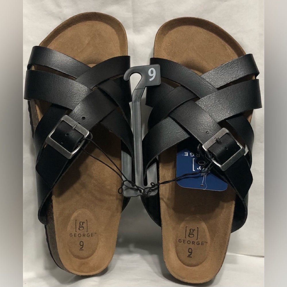 Men’s sandals comfort footed cross band slip on adjustable buckle black. Size 9